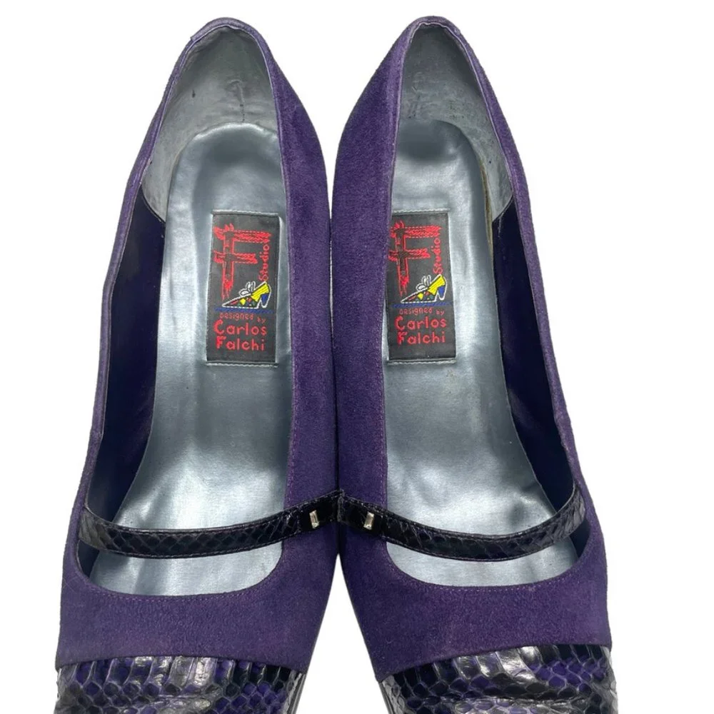 F Studio Carlos Falchi Womens Purple Suede Snakeskin Square Toe Heel Size 9.5 - Picture 5 of 12